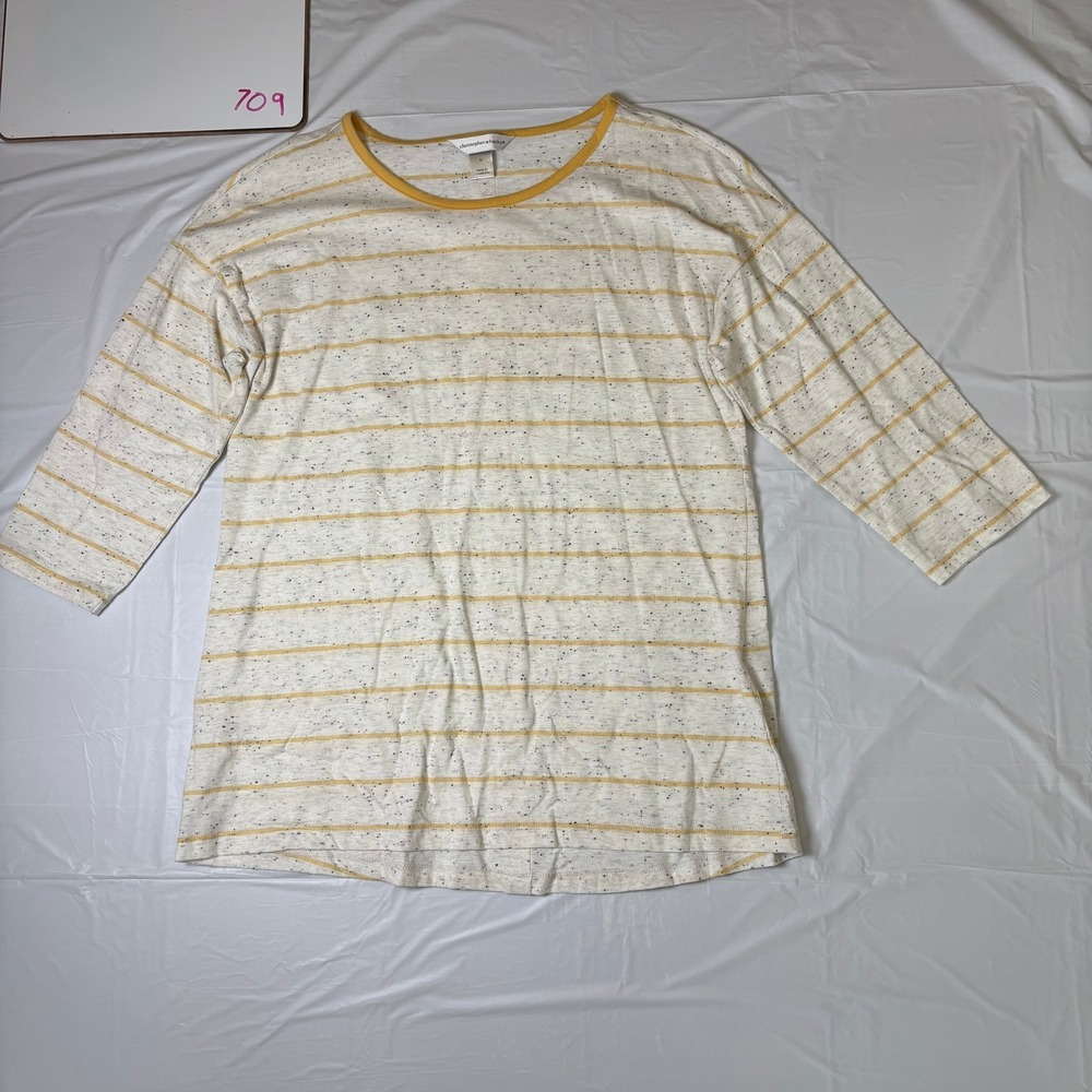 Christopher & Banks Womens Medium Yellow Striped Button Back Top